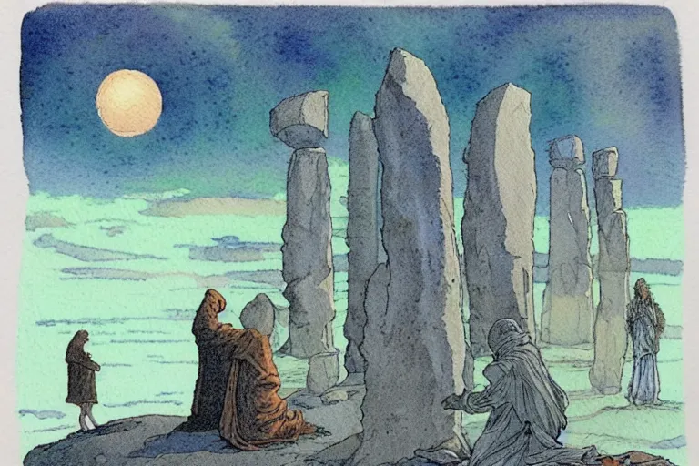 Prompt: a realistic and atmospheric watercolour fantasy concept art of a ufo landing in a floating stonehenge. medieval monk in grey robes is on his knees praying. a large crescent moon in the sky. muted colors. by rebecca guay, michael kaluta, charles vess and jean moebius giraud