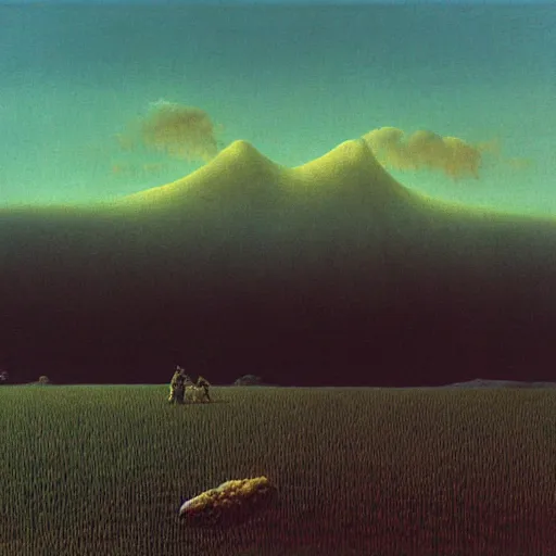 Prompt: clean grassland, snow - capped mountains in the distance, clouds in the sky, zdzisław beksinski