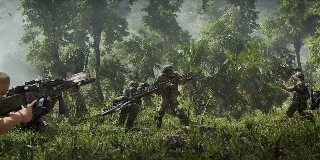 Image similar to soldiers aiming rifles at a dinosaur in the jungle, very highly detailed, 4k, cinematic, unreal engine 5