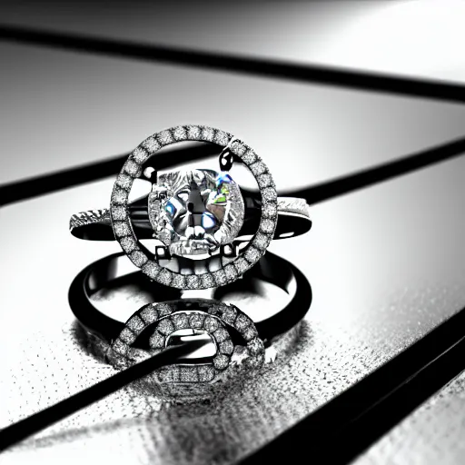 Image similar to photo of a wedding ring with two diamonds outside and one in the middle, photo realistic, hyper detailed, concept art, victorian, multiple angles