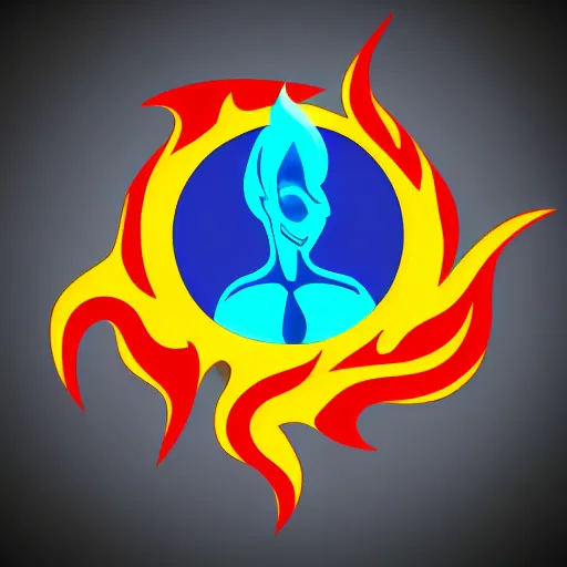 Image similar to cartoon person on fire as logo, burning, flames, symmetrical, washed out color, centered, art deco, 1 9 5 0's futuristic, glowing highlights, peaceful