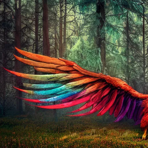 Image similar to A colorful phoenix full of color in an abandoned forest, photo realistic, 8k