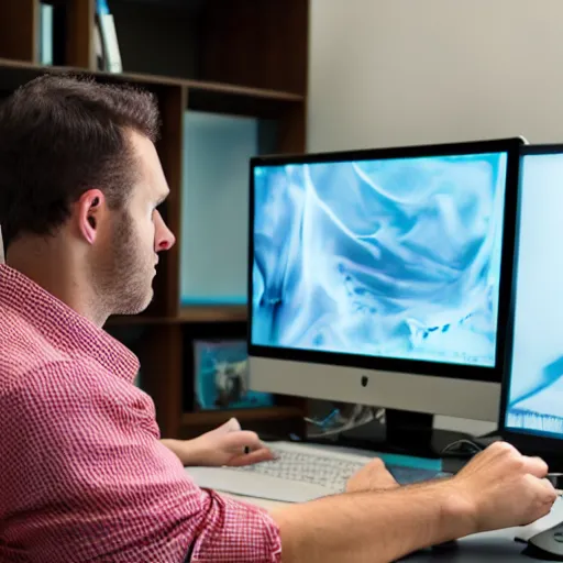 Image similar to caucasian man with turquoise shirt sitting in front of computer with large webcam! mounted on top