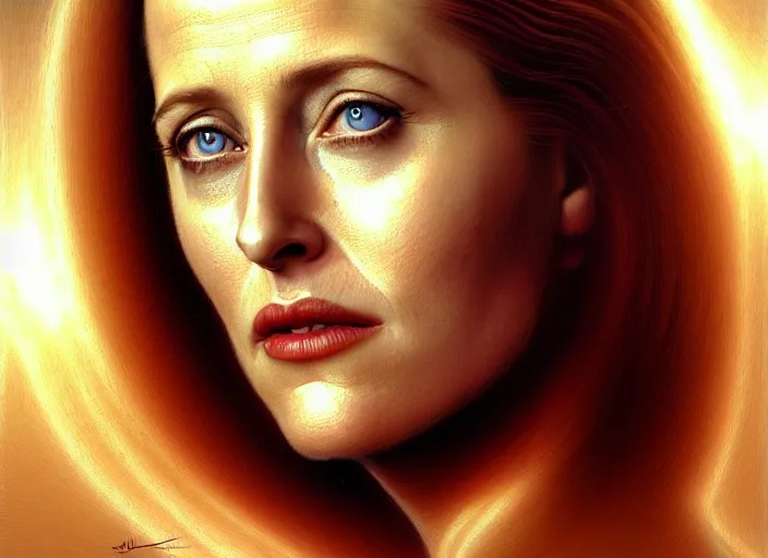 Prompt: portrait shot of young gillian anderson in x - files, intricate, elegant, highly detailed, centered, digital painting, artstation, concept art, smooth, sharp focus, illustration, artgerm, tomasz alen kopera, peter mohrbacher, donato giancola, joseph christian leyendecker, wlop, boris vallejo