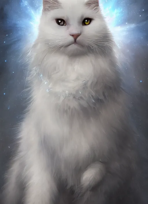 Prompt: masterpiece portrait of a white fluffy cat with cosmic armor, au naturel, hyper detailed, digital art, trending in artstation, cinematic lighting, studio quality, smooth render, unreal engine 5 rendered, octane rendered, art style by klimt and nixeu and ian sprigger and wlop and krenz cushart and kim jung gi and greg rutkowski