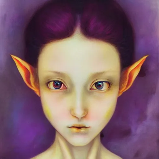 Image similar to little elf girl, tunic, soft hair. light color palate, purple, yellow and white. detailed soft painting, ayami kojima, made in abyss, anatomically correct, inspired in balthus, high detailed face anime, vogue magazine, realistic painting