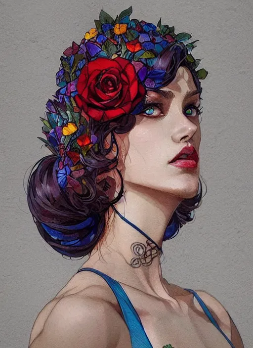 Prompt: beautiful man wearing a dress made from stained glass in the design of a rose. painting by artgerm and greg rutkowski and ilya kuvshinov