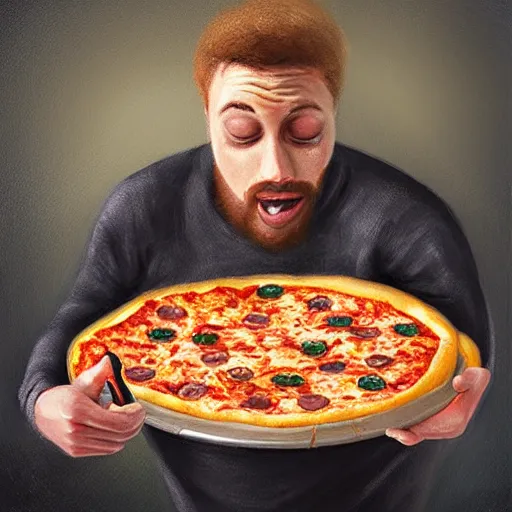 Prompt: an male person eating cheesy pizza, digital art, 3 d, oil painting,