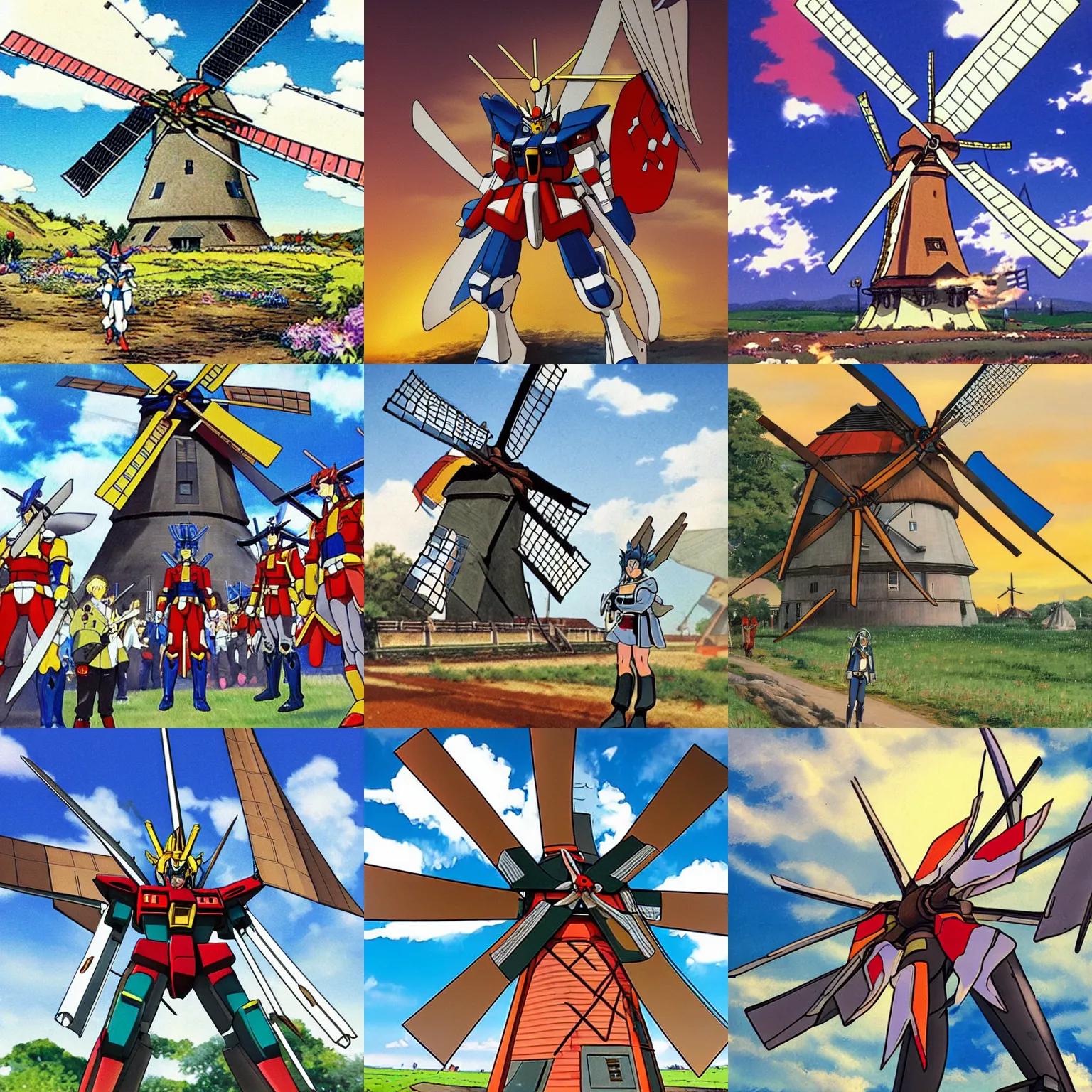 Prompt: gundam as dutch windmill in anime