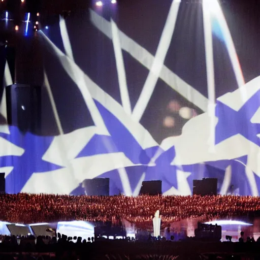 Prompt: photograph of benjamin netanyahu on stage singing in the eurovision representing israel, stage lighting, sharp focus, cinematic composition, wide shot, highly detailed