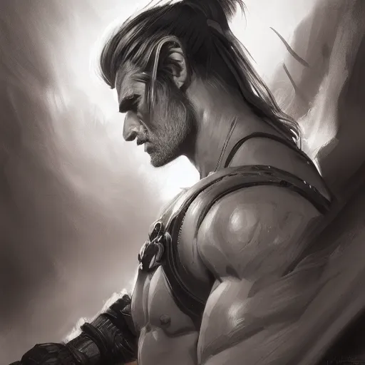 Image similar to portrait of a muscular, grim, ponytail haired blonde man in his late 30's, wearing a thick brown leather coat, looking to his side, hunter, DnD character, fantasy character, dramatic lighting, high detail, black and white digital art by Ruan Jia, Krenz Cushart, Rossdraws and Boris Vallejo