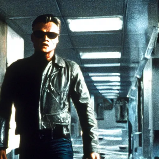 Prompt: film still of leonardo di caprio as t - 1 0 0 0 walking through bars in hospital scene in terminator 2