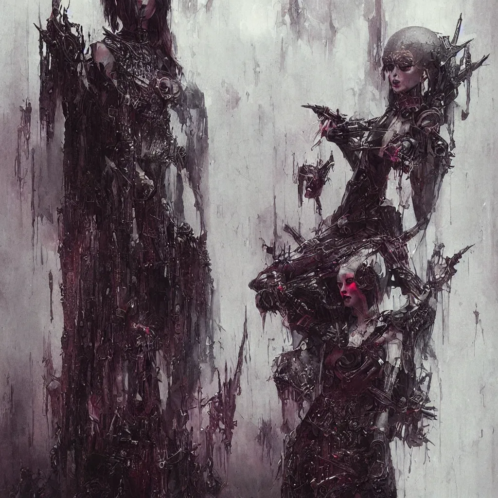 Image similar to fashionable gothic domme mistress, portrait, latex, cyberpunk altar, spikes by greg rutkowski, by beksinski, super - detail