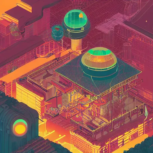 Image similar to Stunning isometric illustration of single cyberpunk explorer overlooking lush forest , highly detailed, midnight, small glowing orbs by Victo Ngai and James Gilleard , Moebius, Laurie Greasley