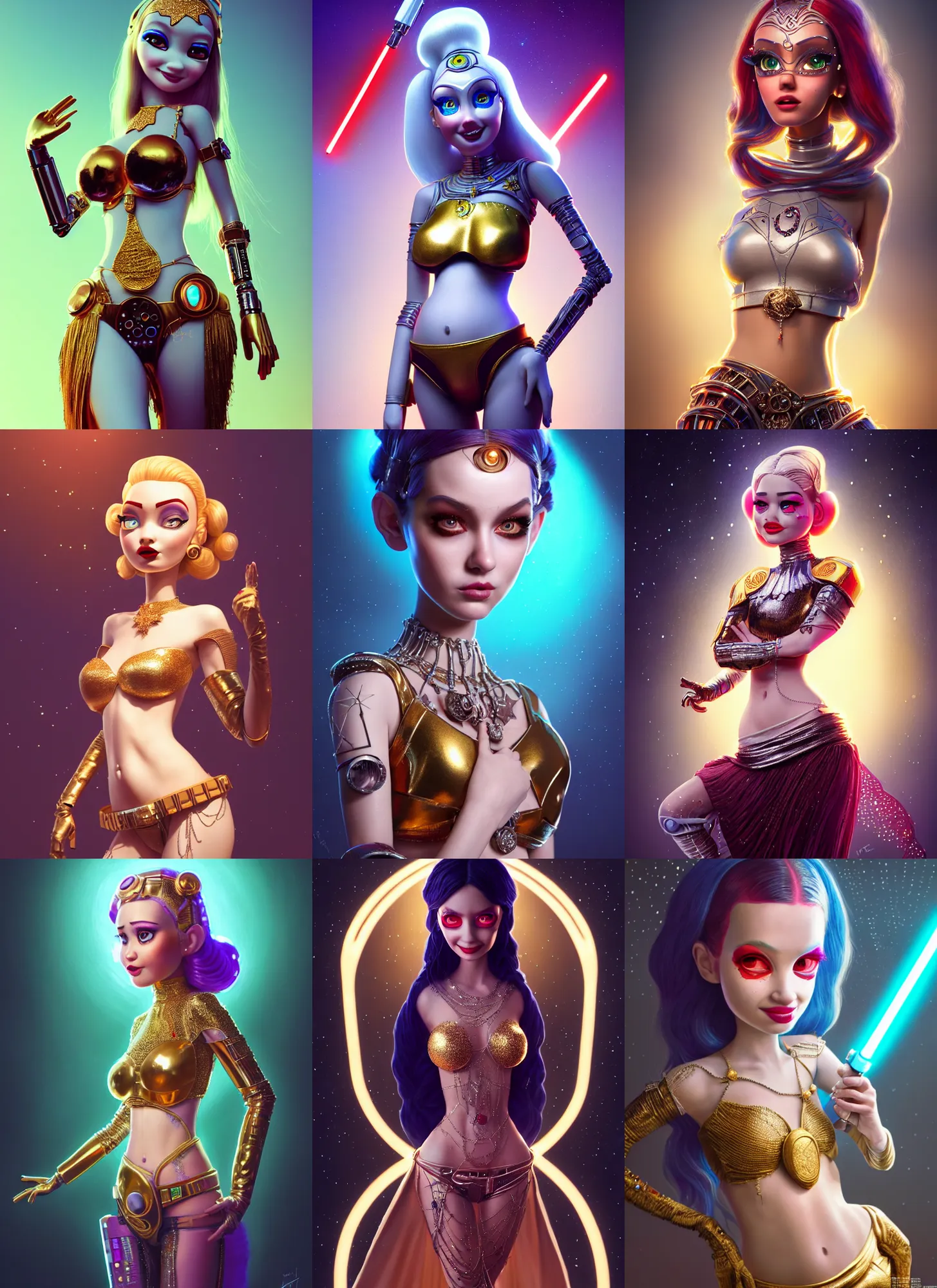 Prompt: pixar portrait 8 k photo, beautiful shiny white rich star wars belly dancer clowncore russian cyborg college girl, golden ratio details, sci - fi, fantasy, cyberpunk, intricate, elegant, highly detailed, digital painting, ever after high, octane render, artstation, concept art, smooth, sharp focus, illustration, art by artgerm, loish, wlop