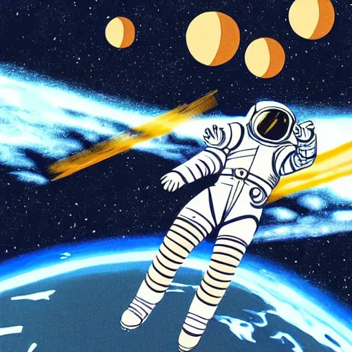 Image similar to Yan Wei illustration of an astronaut drifting in space staring at the earth