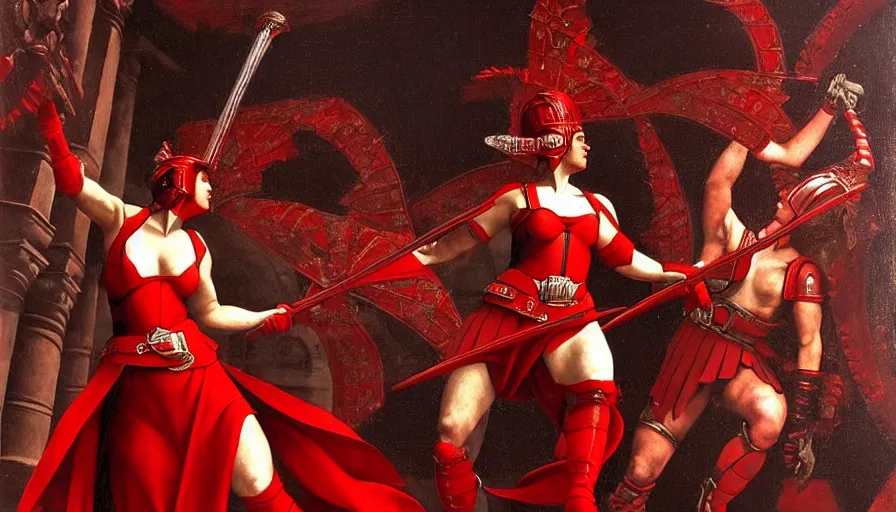 Image similar to only with red, an armored female gladiator in a crowded roman amphitheatre, crowd cheering, in the style of rolf armstrong and ambrosius benson and edward hopper and and rodcenko, intricate and epic composition, red by caravaggio, highly detailed, masterpiece, red light, artstation