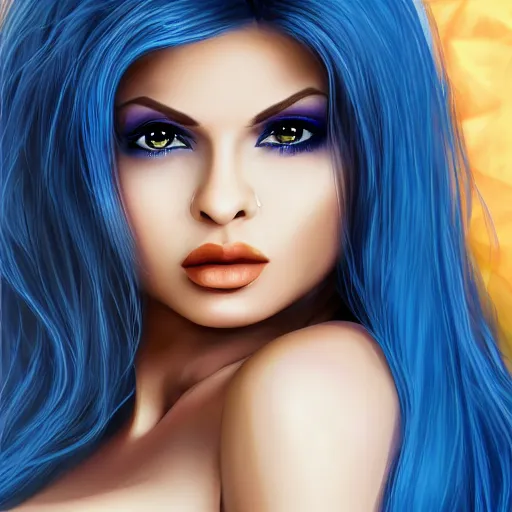 Image similar to portait of haifa wehbe, perfect lips licking tongue, long hair blue centred, hd, very detailed curve, digital painting, unreal engine, final fantasy style, amazing blue background theme