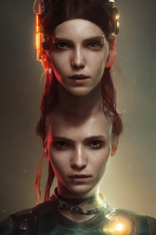 Prompt: A cyberpunk female heroine character portrait with a mild facial rash, prosthetic arm, and flowing ribbons of light pouring into her, cinematic lighting, hyper-detailed, cgsociety, 8k, high resolution, in the style of Charlie Bowater, Tom Bagshaw, Alexis Franklin, Elena Masci, Pawel Rebisz