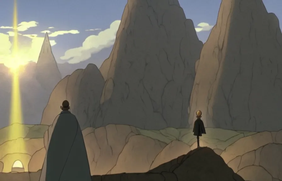 Image similar to a cell - shaded cartoon movie still from howl's moving castle ( 2 0 0 4 ) of a monk in a grey robe. in the background is a white pyramid with a golden capstone in the ocean. shafts of sunlight come from above. wide shot, very dull muted colors, hd, 4 k, hq