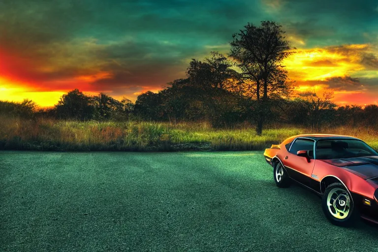 Image similar to pontiac firebird with grafitti tag on side, sunrise, dramatic, cinematic, forest, sunbeams, volumetric lighting, wide shot, low angle, pokemon looking at car