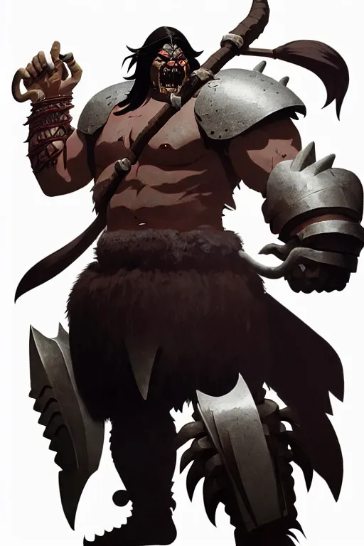 Image similar to orc barbarian wearing leather armor, full body shot, exquisite details, earth magic, mid view, design on a white background, by greg rutkowski, makoto shinkai, takashi takeuchi, studio ghibli