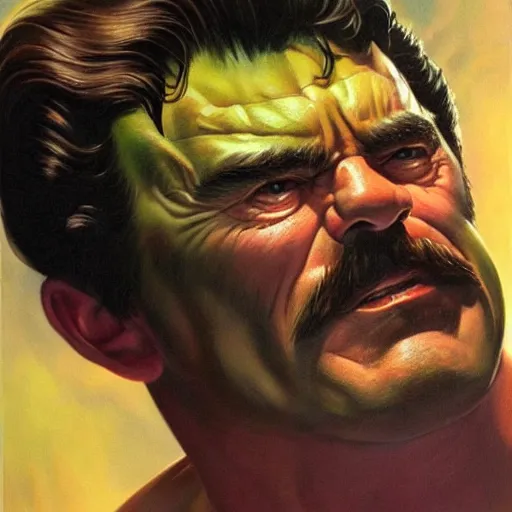 Image similar to ultra realistic portrait painting of tom selleck as hulk, art by frank frazetta, 4 k, ultra realistic, highly detailed, epic lighting