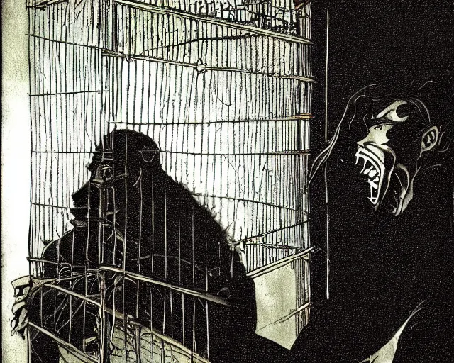 Prompt: a horrible shadow monster looming over a man trapped in a cage,