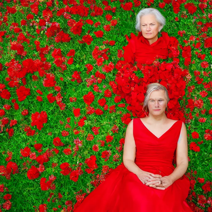 Prompt: closeup portrait of a woman in a red dress, sitting in a throne of flowers, by Annie Leibovitz and Steve McCurry, natural light, detailed face, CANON Eos C300, ƒ1.8, 35mm, 8K, medium-format print