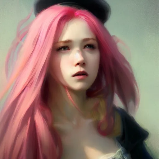 Image similar to a photorealistic dramatic fantasy render of a pink coloured haired young girl with a black hat on her head by wlop, artgerm, greg rutkowski, alphonse mucha, beautiful dynamic dramatic dark moody lighting, shadows, cinematic atmosphere, artstation, concept design art, octane render, 8 k