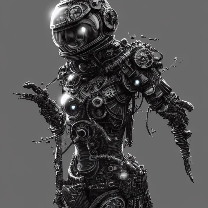 Prompt: a vertical portrait of a character in an spaceship by nihei tsutomu, black and white, dreamy, steampunk armor, highly detailed, 3 d render, vray, octane, realistic lighting