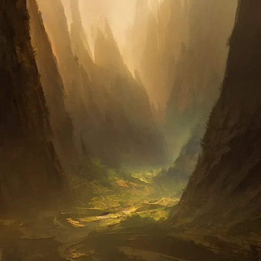 Prompt: forested mountain range with a few deep valleys and lots of caves, mysterious atmospheric lighting, painted, intricate, volumetric lighting, rich deep colours masterpiece, sharp focus, ultra detailed, by ruan jia and greg rutkowski