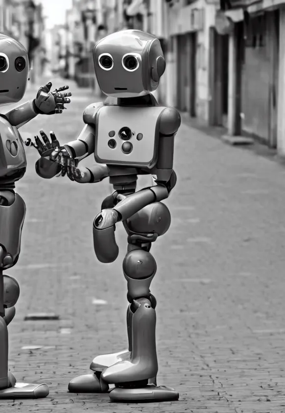 Image similar to a sad photograph two robots point a finger to each other, large shot, wide shot, in a street