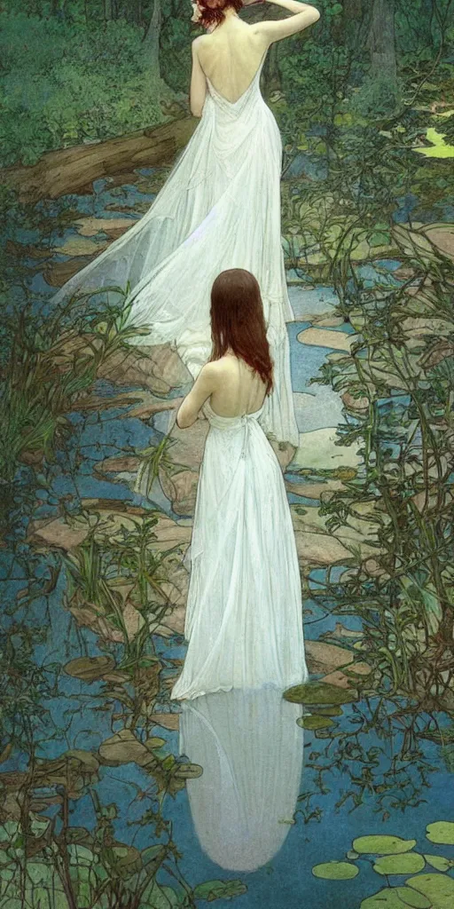 Image similar to a beautiful painting of the back view of a young lady in white dress sitting by the river in a grown forest, looking at her reflection on the water, sunlight reflected on the river, Mucha, Moebius, Mohrbacher