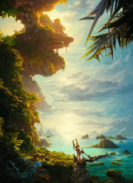 Image similar to Detailed exterior of sunny island, sparkling cove, epic light, sparkling cove, tropical landscape, lush vegetation, bamboo huts, In style of Peter Mohrbacher, artstation