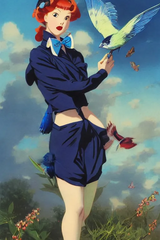 Image similar to anime pinup girl holding an indigo bunting, bird, the bird is wearing a bowtie, by greg rutkowski, rossdraws, gil elvgren, enoch bolles, anime, porcelain skin, very coherent