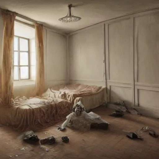 Image similar to this is the room, the start of it all, no portrait so fine, only sheets on the wall, i've seen the nights, filled with bloodsport and pain, and the bodies obtained, the bodies obtained hyperdetailed 4 k photorealism