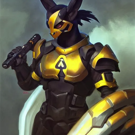 Image similar to greg manchess portrait painting of partially armored umbreon as overwatch character, medium shot, asymmetrical, profile picture, organic painting, sunny day, matte painting, bold shapes, hard edges, street art, trending on artstation, by huang guangjian, gil elvgren, ruan jia, greg rutkowski, gaston bussiere