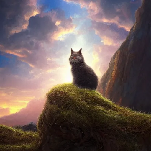 Image similar to epic portrait an lonely fluffy cat sitting alone on a mountain during sunset, back profile, digital painting, artstation, concept art, soft light, hdri, smooth, sharp focus, illustration, fantasy, intricate, elegant, highly detailed, D&D, matte painting, in the style of Greg Rutkowski and Alphonse Mucha and artemisia, 8k, highly detailed, jurgens, rutkowski, bouguereau, pastoral, rustic, georgic, detailed concept art, illustration, colorful pastel, painting, detail, ultra detailed, digital art, 4K,