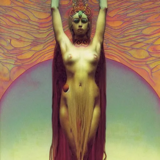 Prompt: queen of jupiter by zdzisław beksinski and alphonse mucha. highly detailed, hyper - real, beautiful