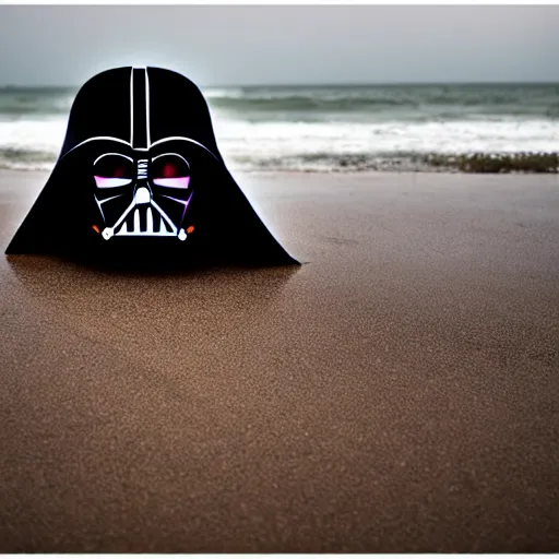 Image similar to darth vader mask laying on an abandoned beach, crabs crawling around, raining, somber