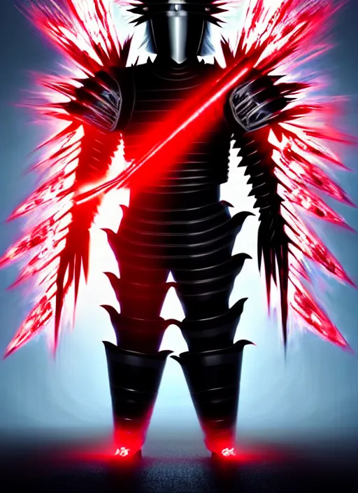 Image similar to a striking cinematic full body manga portrait of a long black haired masked male teenager wearing imposing red jagged spiked plate armour and glowing with raging powerful red energy by hirohiko araki and beeple, fine details, digital art, character concept art, volumetric lighting, cinematic light, photorealistic