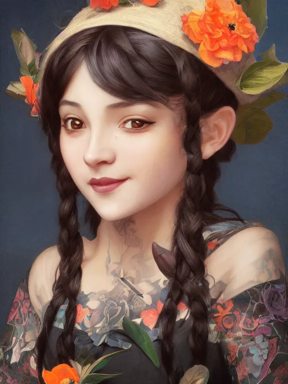 Image similar to Full shot of a cute mischievous young witch about to get up to some trouble. Latin American fashion. Floral patterns. Black and Orange palette. Latina girl. brown skin. defined facial features, symmetrical facial features. Smiling. By Ruan Jia and Artgerm and Range Murata and WLOP and Ross Tran and William-Adolphe Bouguereau. Key Art. Fantasy Illustration. award winning, Artstation, intricate details, realistic, Hyperdetailed, 8k resolution.