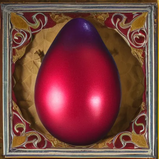 Image similar to a ornate detailed red and purple glowing egg, an eggplant fruit still on the vine