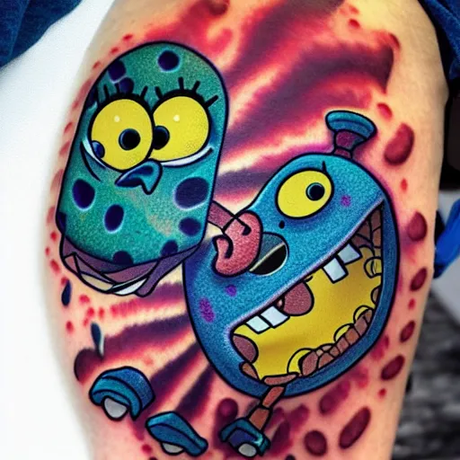 Image similar to spongebob circle pants, creepy, eerie, shadows, evil, dememnted, ultra realistic, hyper-realistic, 8k, 4k, tattoo art, tattoo,