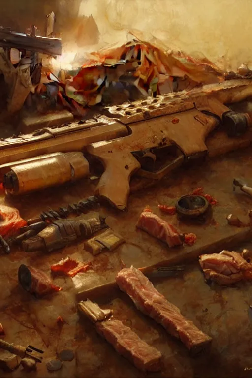 Prompt: gun made of meat and bone, painting by gaston bussiere, craig mullins, greg rutkowski, yoji shinkawa