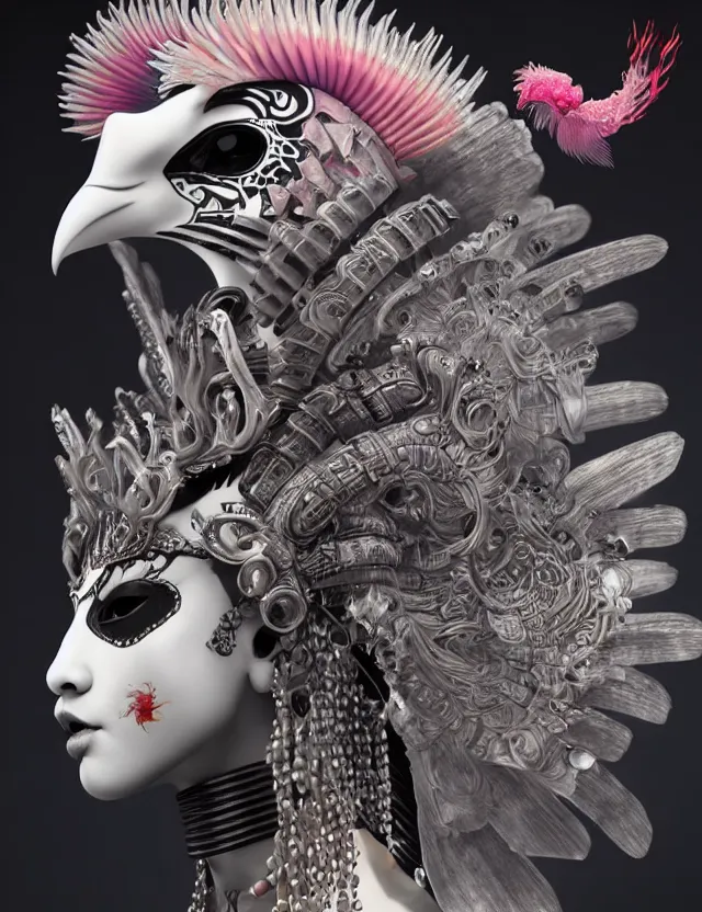 Image similar to 3 d goddess close - up profile portrait punk with mohawk with ram skull. beautiful intricately detailed japanese crow kitsune mask and clasical japanese kimono. betta fish, jellyfish phoenix, bio luminescent, plasma, ice, water, wind, creature, artwork by tooth wu and wlop and beeple and greg rutkowski