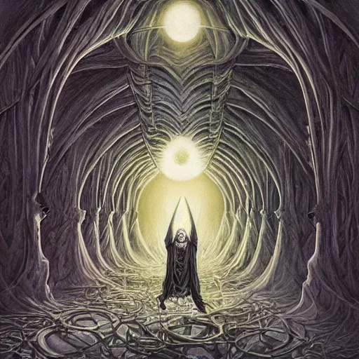 Image similar to a dark cabal of multiple hooded elven mystics in long dark robes gathered in a circular formation around a quantum computer processing the spirits of the dead, dan seagrave art, michael whelan