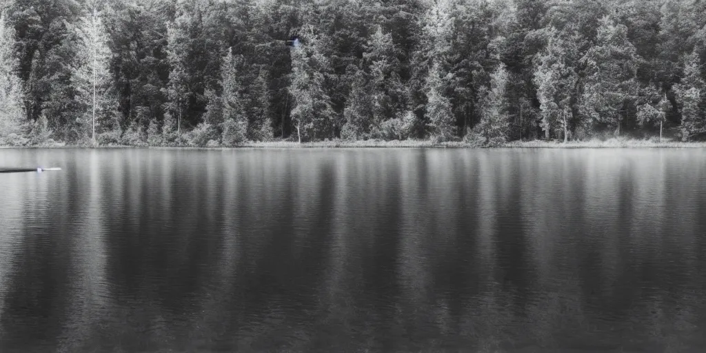 Image similar to centered photograph of a long rope snaking across the surface of the water, stretching out towards the center of the lake, a dark lake on a cloudy day, mood, trees in the background, anamorphic lens