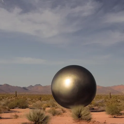Image similar to a large metallic ball with a mirror finish sits in the arizona desert, photorealistic